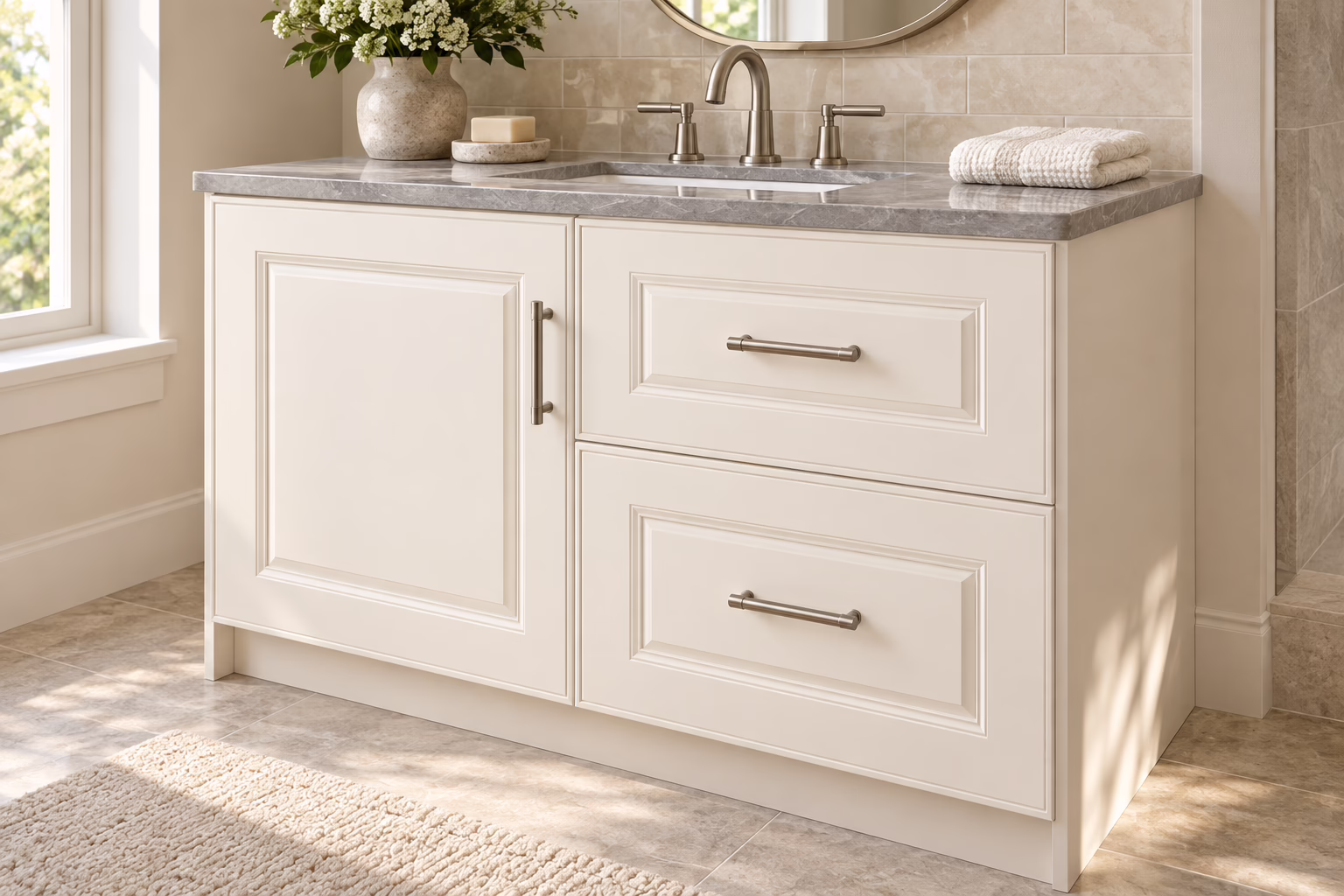 Alpine alabaster single bathroom vanity with shaker-style cabinets, quartz countertop, and brushed hardware in a sunlit bathroom