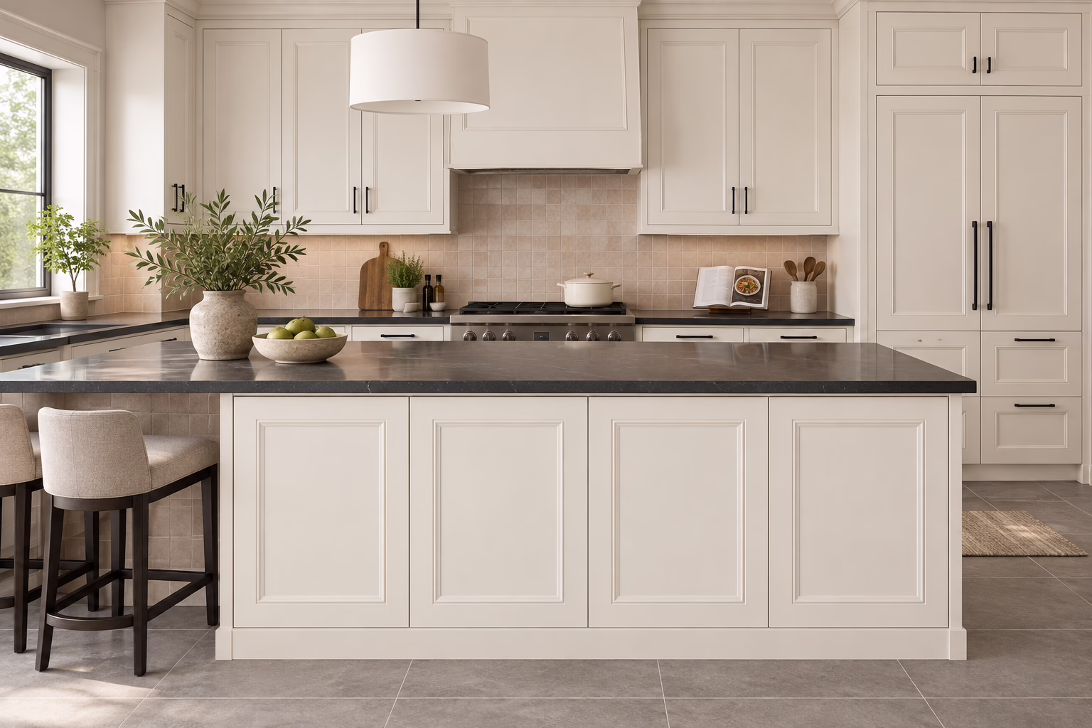 Alpine alabaster white kitchen with shaker-style cabinets, dark peninsula countertop, barstools, and tall pantry cabinets in soft daylight