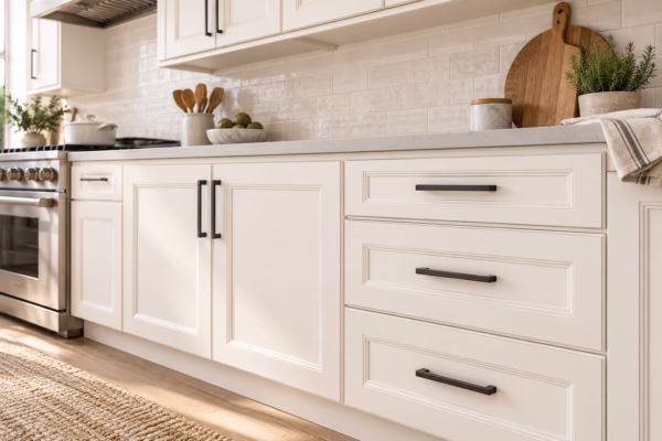 Alpine white shaker kitchen base cabinets with dark hardware, quartz countertops, and range in soft daylight