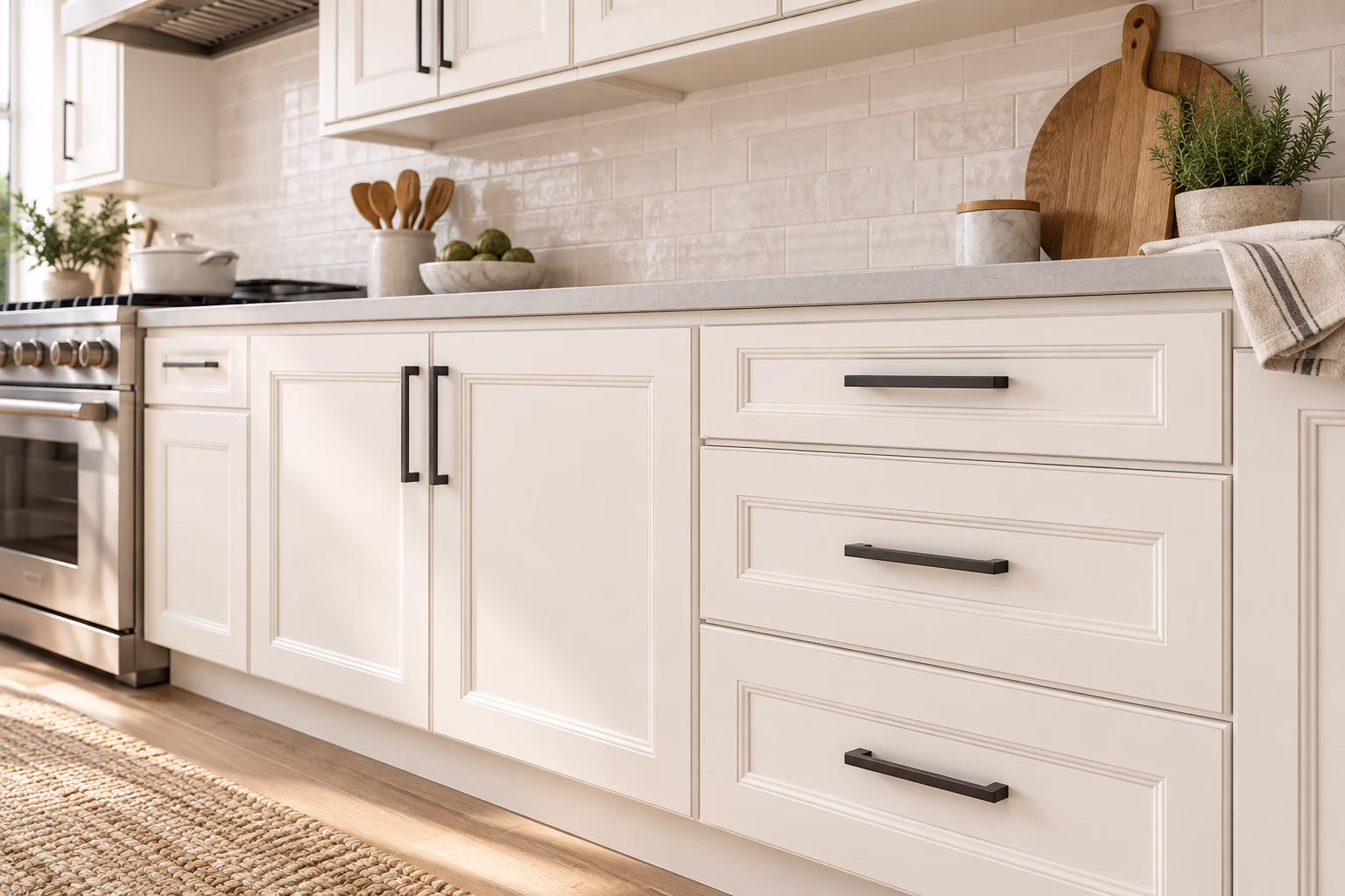 Alpine white shaker kitchen base cabinets with dark hardware, quartz countertops, and range in soft daylight