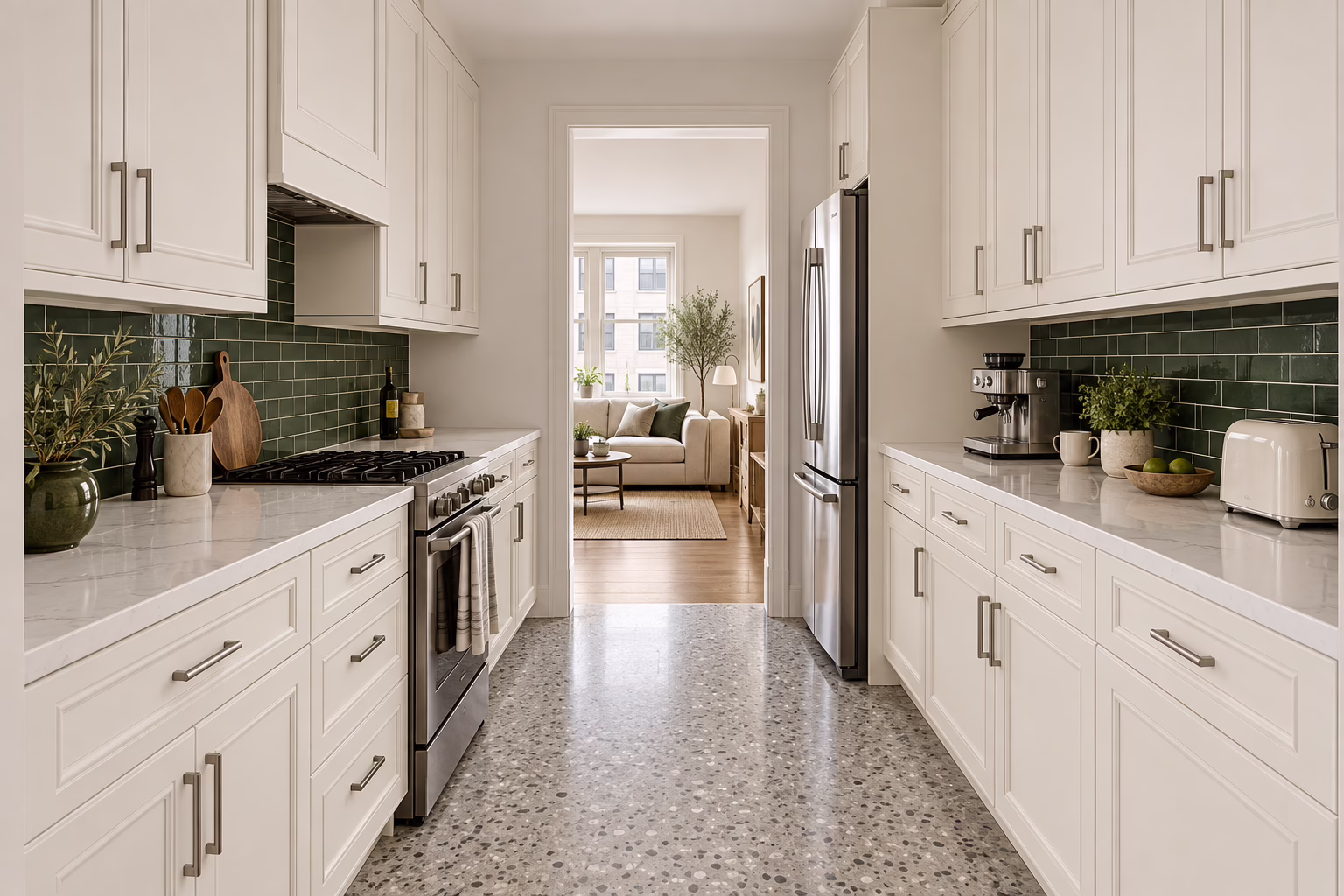 Alpine white parallel kitchen with shaker-style cabinets, green tile backsplash, quartz countertops, and range in soft daylight