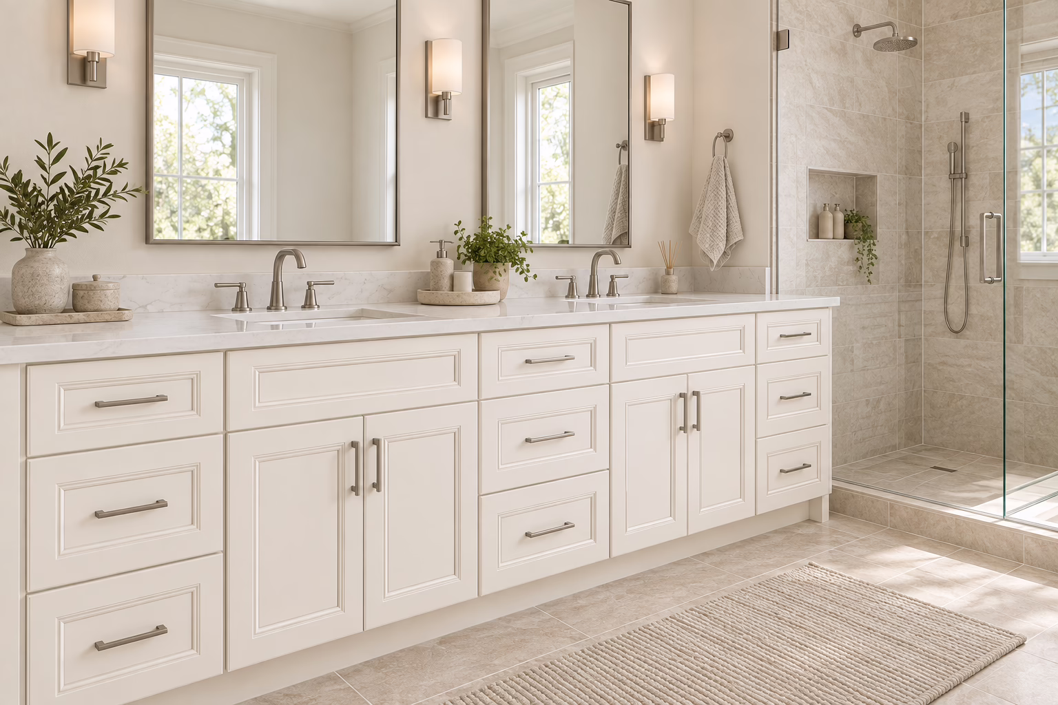 Alpine alabaster white double vanity with shaker-style cabinets, quartz countertops, and dual mirrors in a bright master bathroom