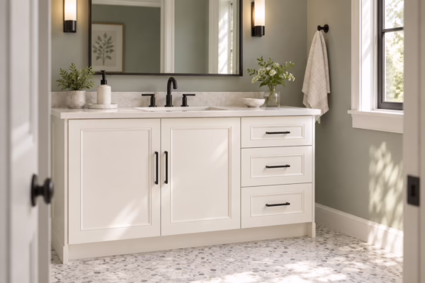 Alpine white single vanity with shaker-style cabinets, dark hardware, and quartz countertop in an airy guest bathroom