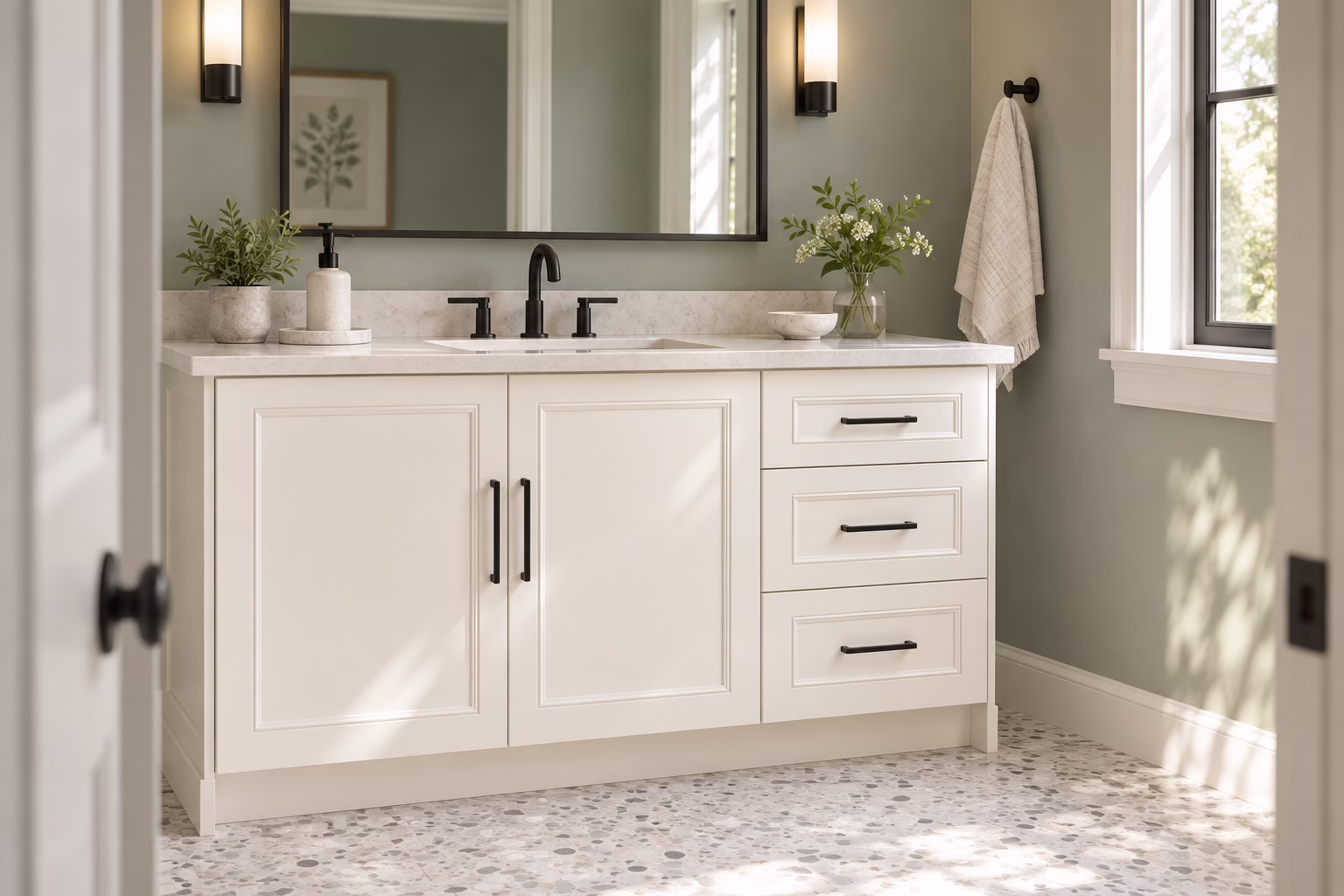 Alpine white single vanity with shaker-style cabinets, dark hardware, and quartz countertop in an airy guest bathroom