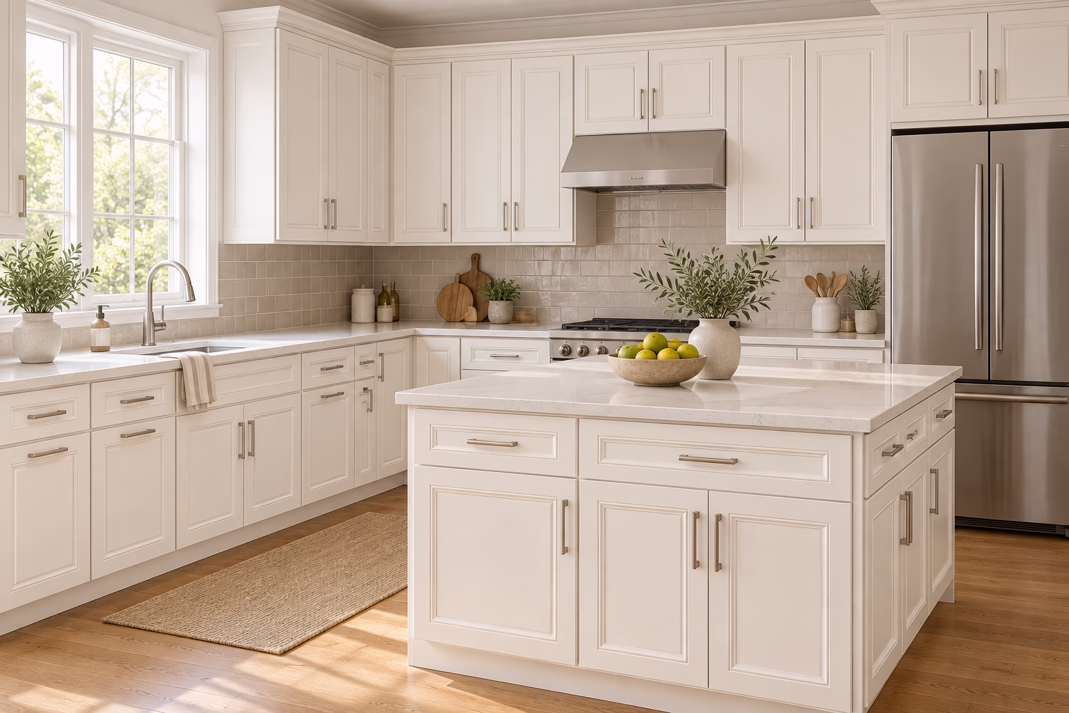 Bright alabaster white kitchen island with shaker-style cabinets, quartz countertops, and hardwood flooring
