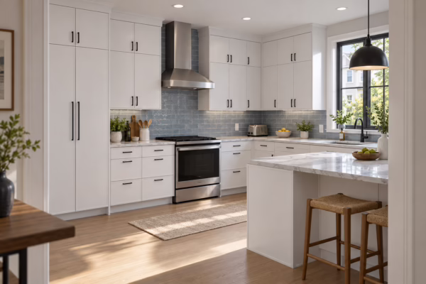 Bright L-shaped kitchen design featuring white slim shaker cabinetry, a quartz countertop peninsula with wooden barstools, light blue-gray tile backsplash, and stainless steel range hood under recessed lighting