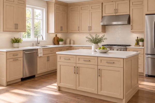 Bright L-shaped kitchen with wheat cabinetry