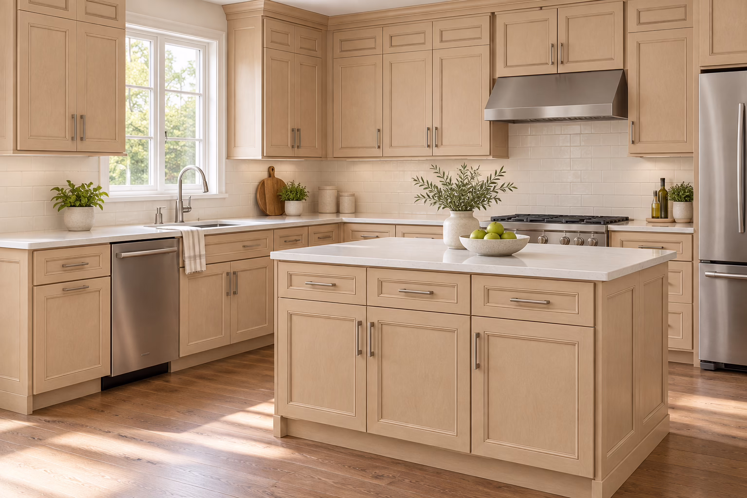 Bright L-shaped kitchen with wheat cabinetry