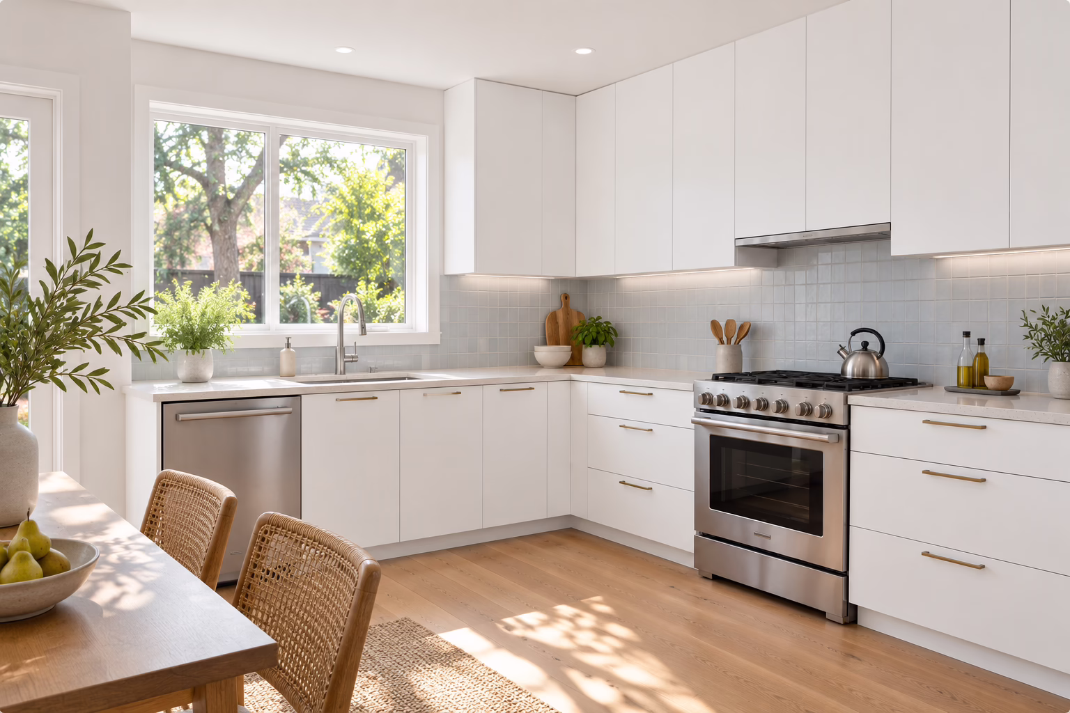 Matte white European frameless L-shaped kitchen cabinets with wood dining table by Modernform Cabinets & Closets in Carrollton TX