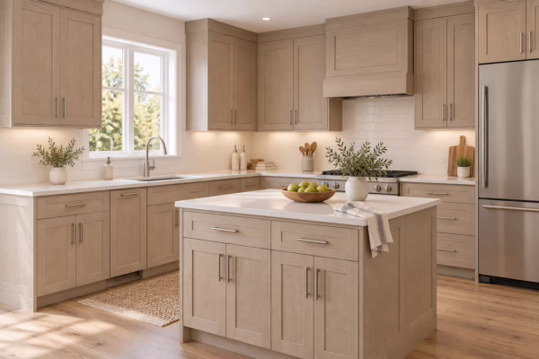 Modern kitchen with light wood cabinetry