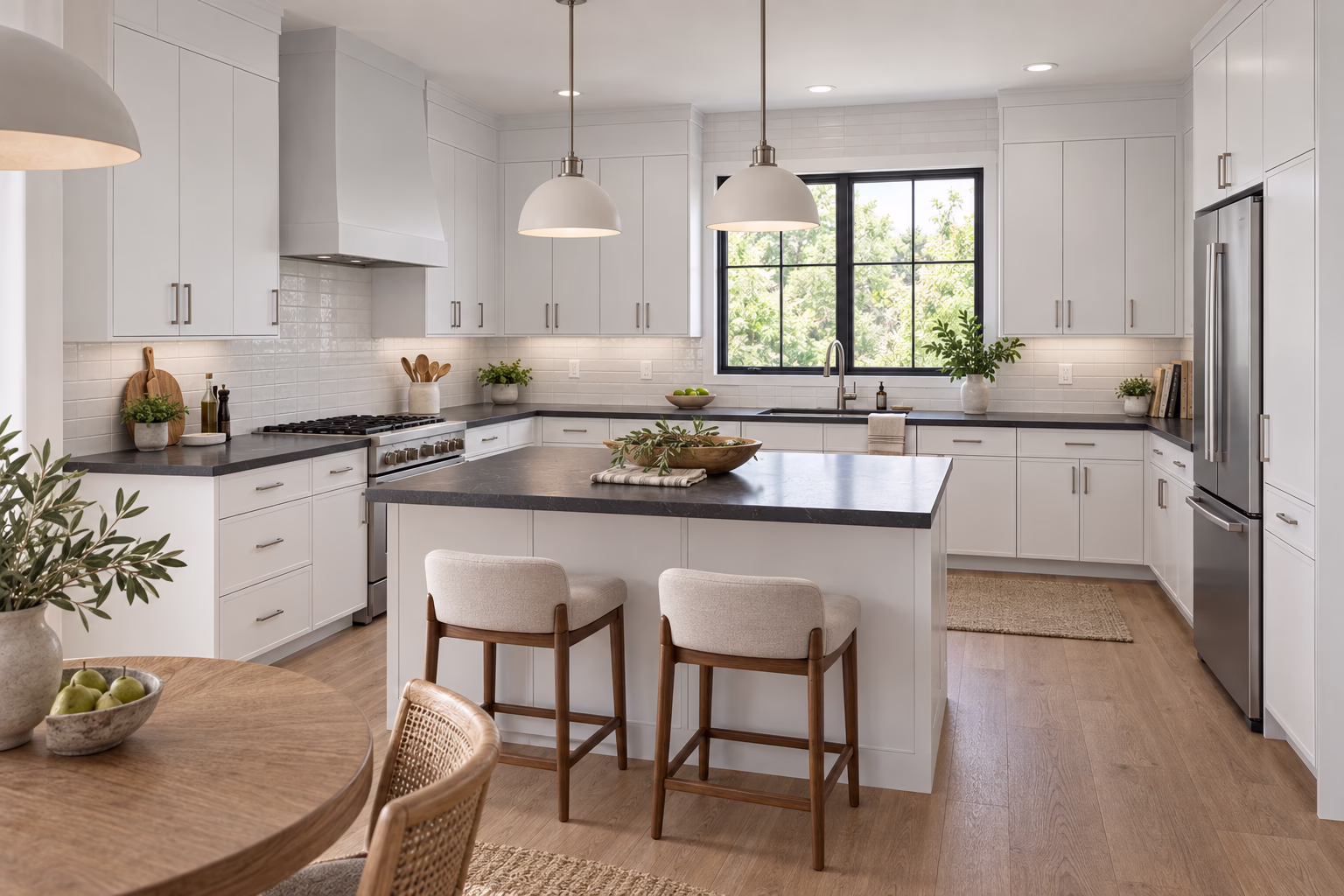 Bright modern kitchen featuring white slim-shaker cabinetry, dark charcoal quartz countertops, a kitchen island peninsula with wooden barstools, dome pendant lighting, and stainless steel appliances over light wood flooring
