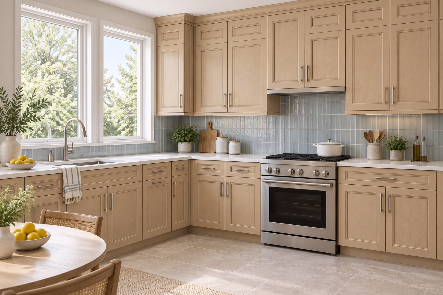 Bright wheat-toned corner kitchen