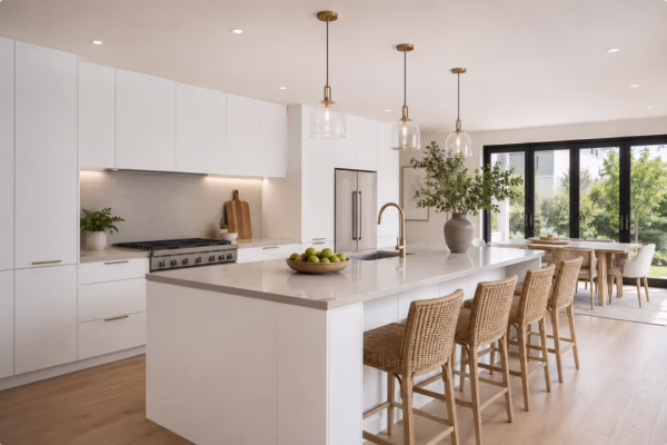 Matte white European frameless kitchen cabinets with a quartz island and woven barstools by Modernform Cabinets & Closets in Carrollton TX