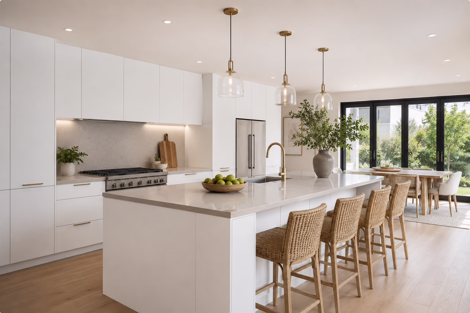 Matte white European frameless kitchen cabinets with a quartz island and woven barstools by Modernform Cabinets & Closets in Carrollton TX