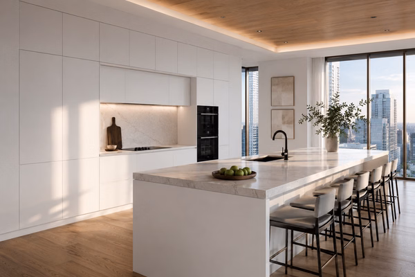 Matte white European frameless kitchen cabinets with quartz island by Modernform Cabinets & Closets in Carrollton TX