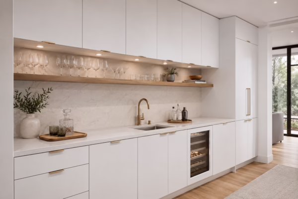 Matte white European frameless kitchen cabinets with wine cooler and stemware rack by Modernform Cabinets & Closets in Carrollton TX