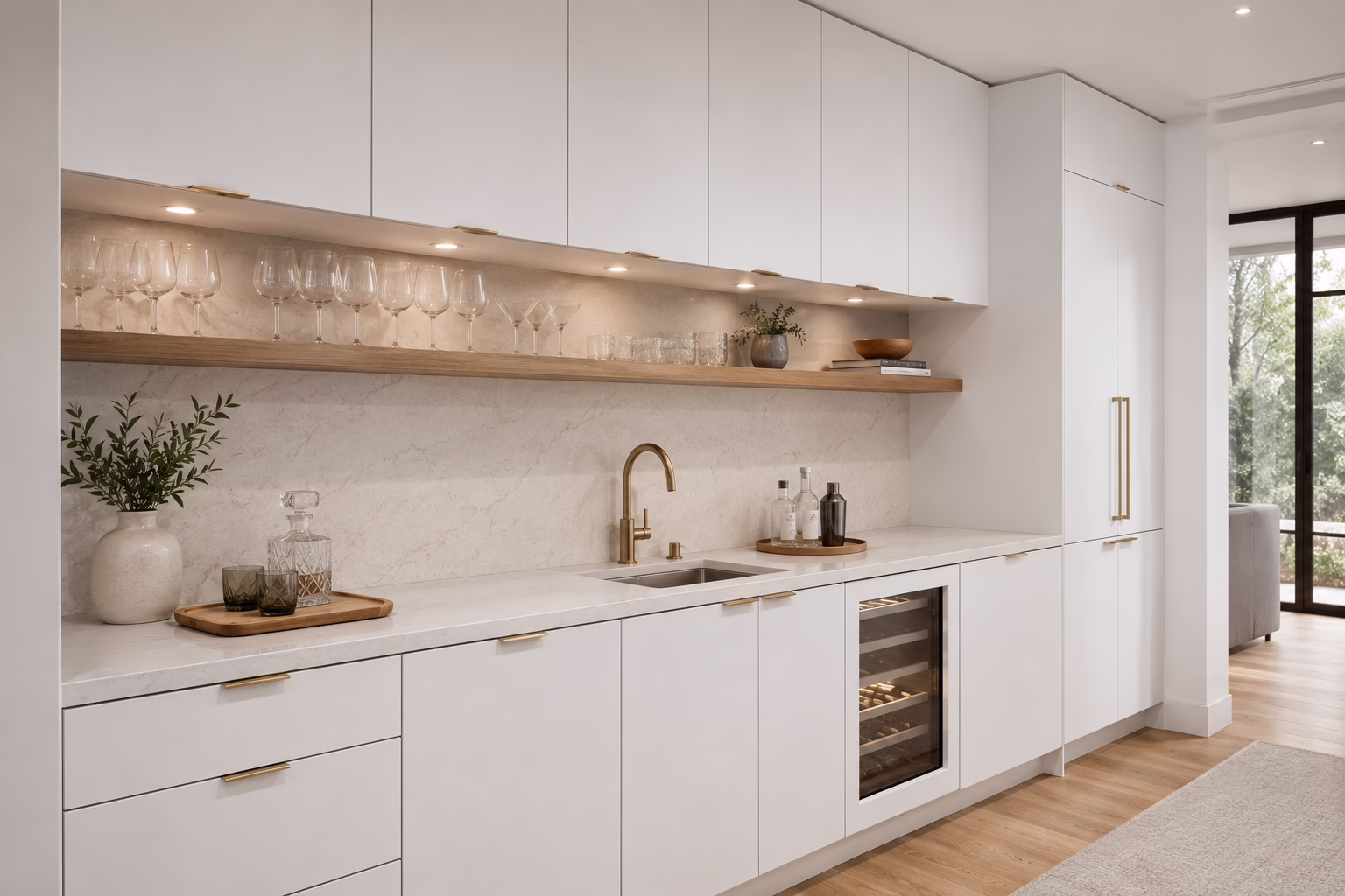 Matte white European frameless kitchen cabinets with wine cooler and stemware rack by Modernform Cabinets & Closets in Carrollton TX