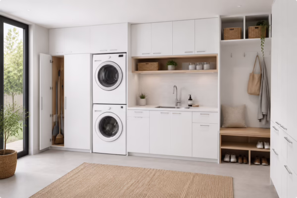 Matte white European frameless laundry room cabinets with stacked washer dryer and mudroom drop zone by Modernform Cabinets & Closets in Carrollton TX
