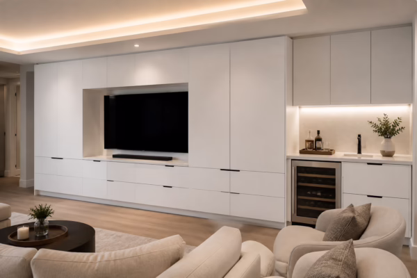 Matte white European frameless living room entertainment center cabinets with integrated TV wall and wine cooler by Modernform Cabinets & Closets in Carrollton TX