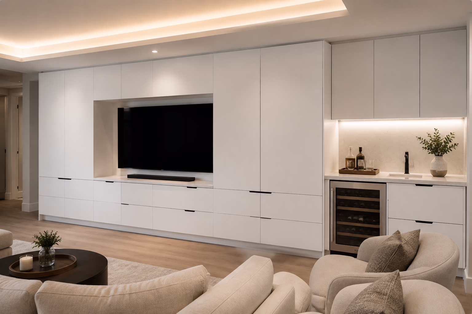 Matte white European frameless living room entertainment center cabinets with integrated TV wall and wine cooler by Modernform Cabinets & Closets in Carrollton TX