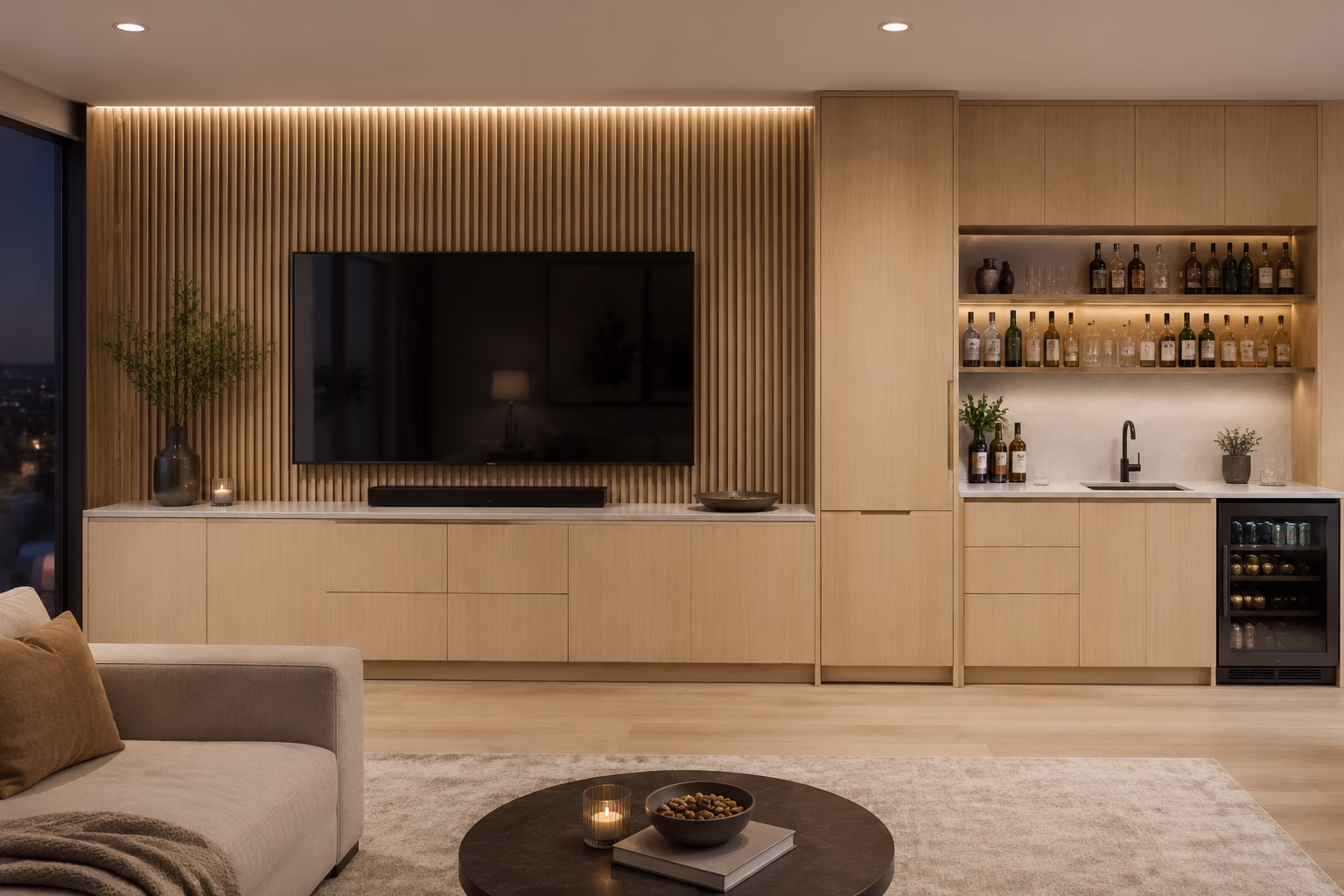 Natural oak European frameless kitchen cabinets featuring a quartz waterfall island and floor-to-ceiling storage.