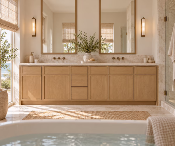 Elegant bathroom with wooden vanity.