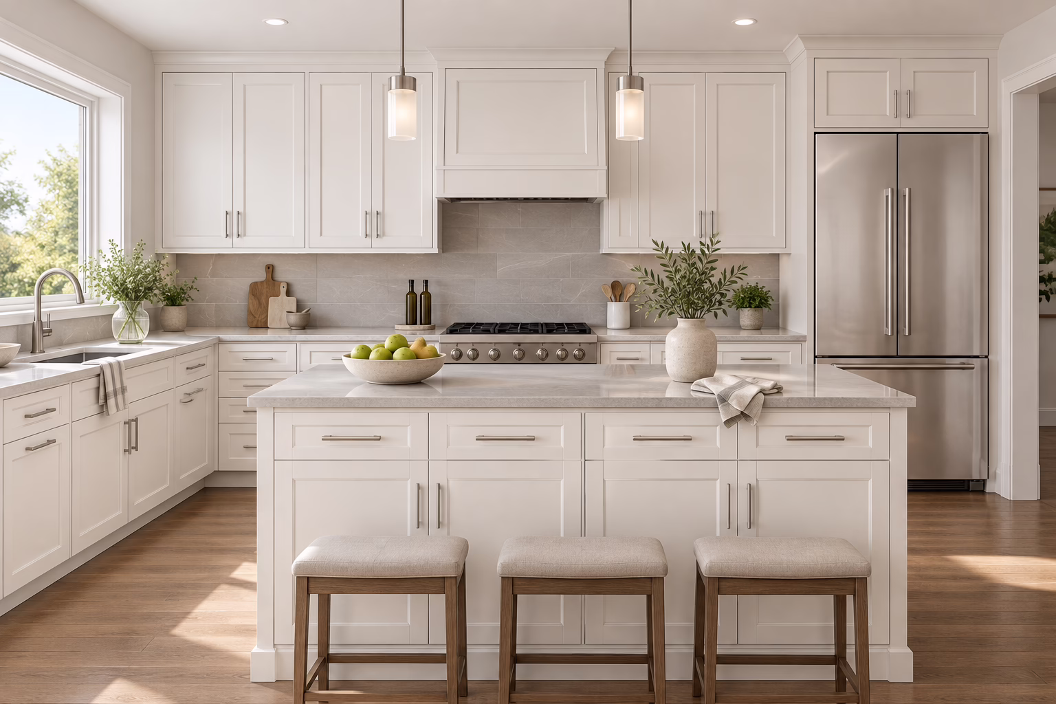 Contemporary alpine alabaster T-shaped kitchen with shaker-style cabinets, quartz countertops, and a barstool island in morning light