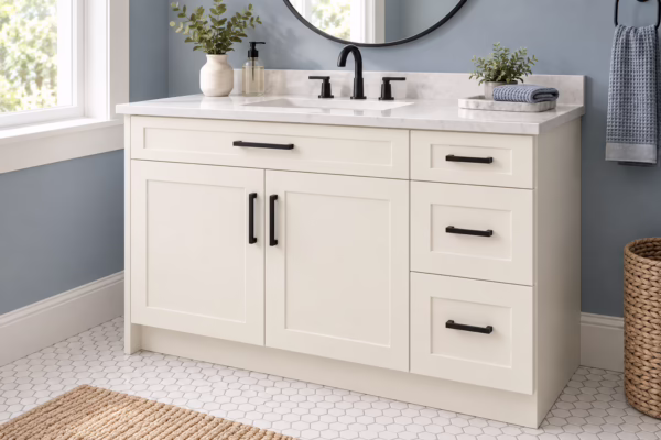 Dove white single bathroom vanity with shaker-style cabinets, dark hardware, quartz countertop, and hexagonal patterned tile flooring in soft daylight