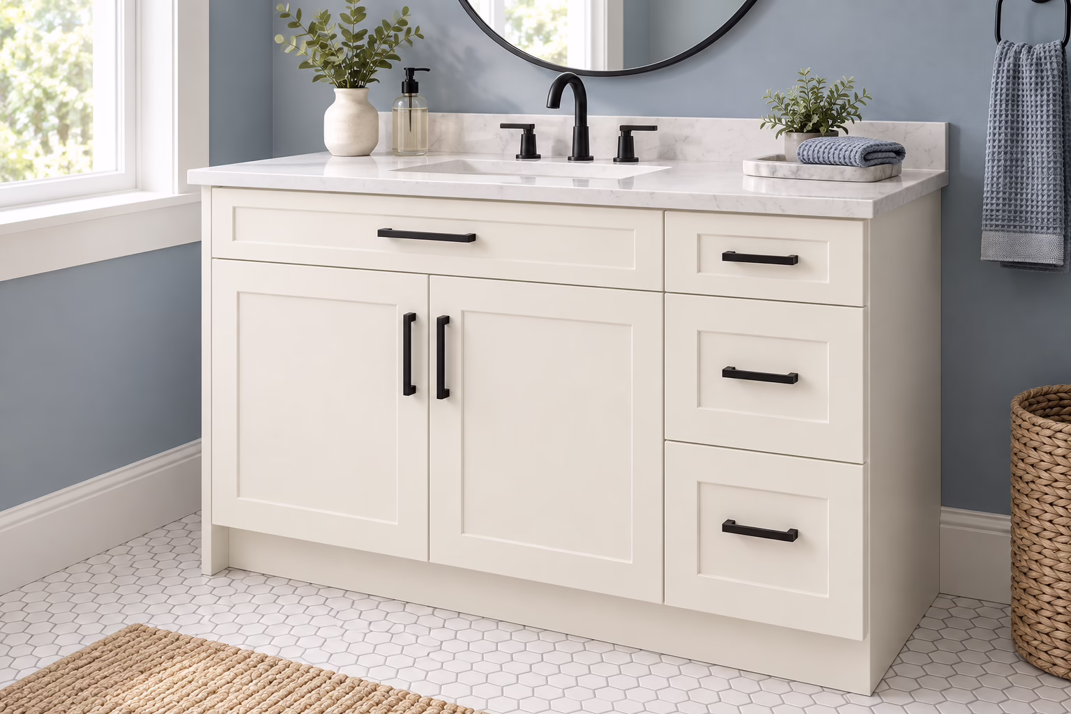 Dove white single bathroom vanity with shaker-style cabinets, dark hardware, quartz countertop, and hexagonal patterned tile flooring in soft daylight