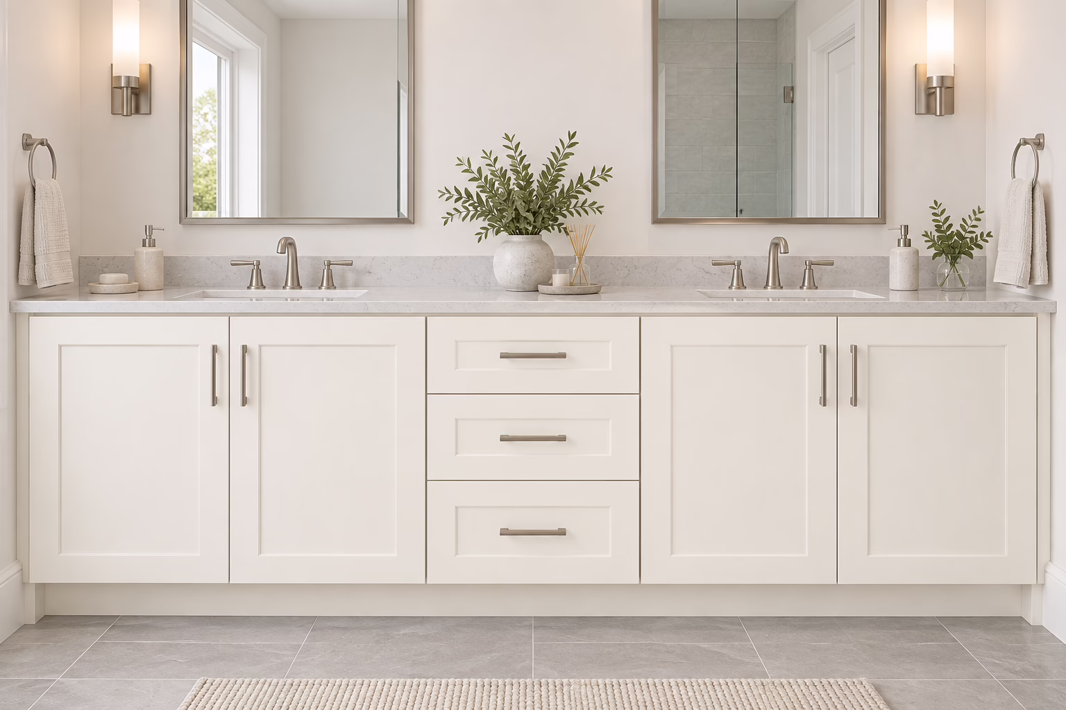 Dove white double-sink bathroom vanity with shaker-style cabinets, brass hardware, quartz countertop, dual mirrors, and wall sconces in soft daylight