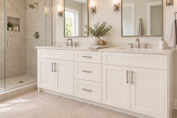 Dove white double-sink bathroom vanity with shaker-style cabinets, brass hardware, quartz countertop, dual mirrors, and walk-in tile shower in soft daylight