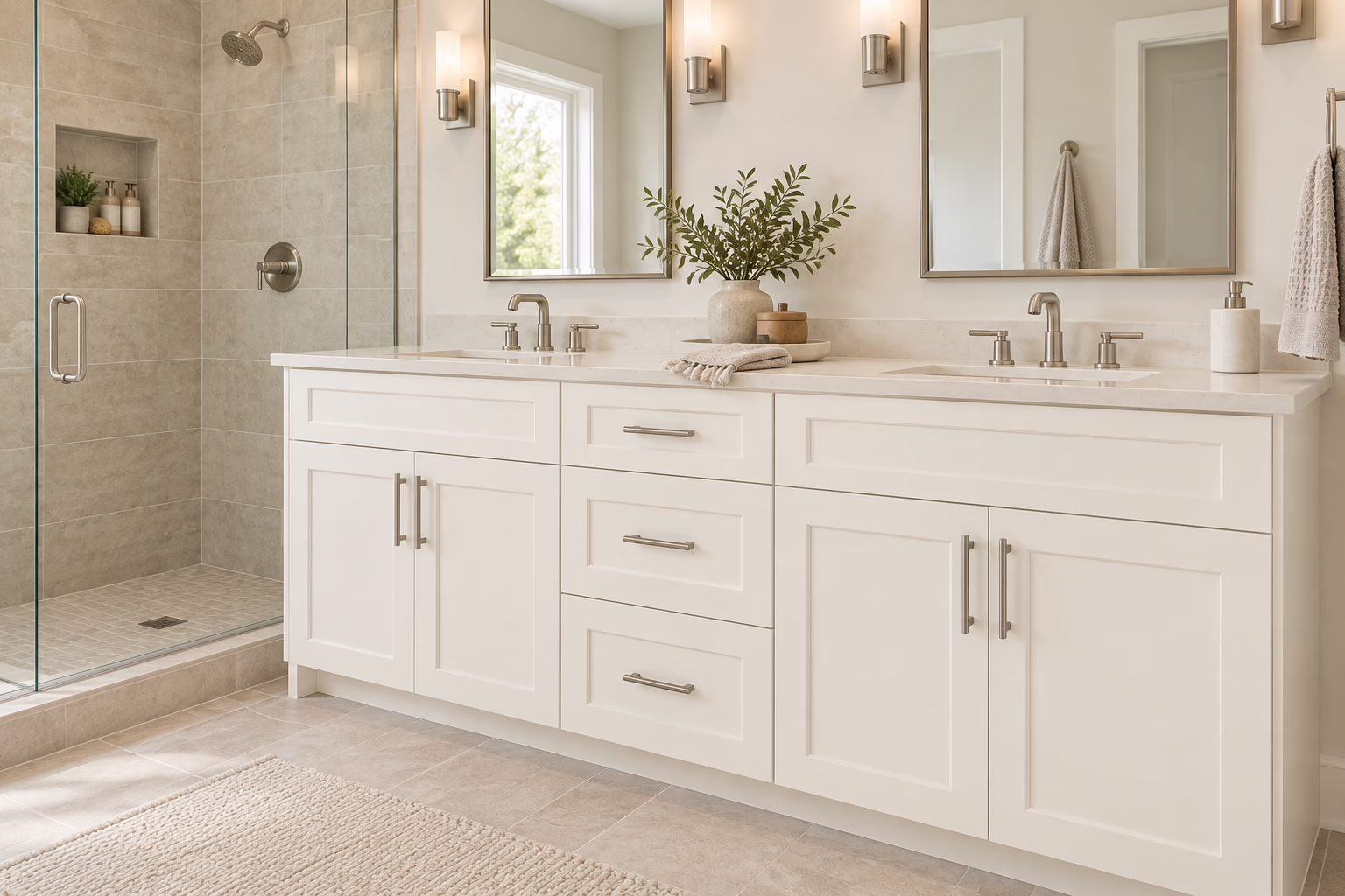 Dove white double-sink bathroom vanity with shaker-style cabinets, brass hardware, quartz countertop, dual mirrors, and walk-in tile shower in soft daylight
