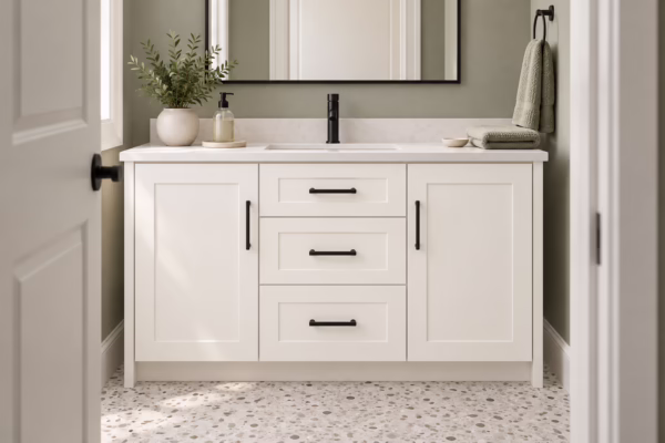 Dove white single bathroom vanity with shaker-style cabinets, dark hardware, quartz countertop, and patterned tile flooring in soft daylight