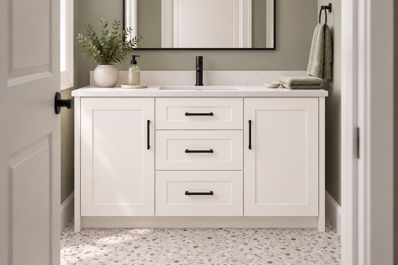 Dove white single bathroom vanity with shaker-style cabinets, dark hardware, quartz countertop, and patterned tile flooring in soft daylight