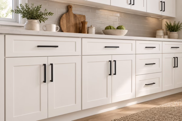 Dove white kitchen base cabinets with shaker-style doors, dark hardware, quartz countertops, and tile backsplash in soft daylight