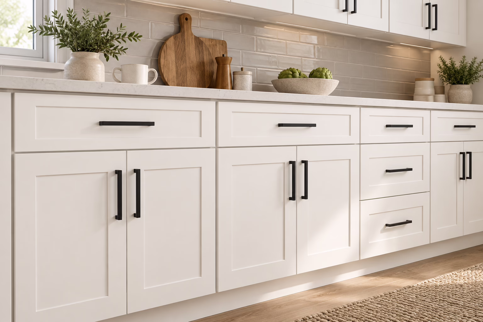 Dove white kitchen base cabinets with shaker-style doors, dark hardware, quartz countertops, and tile backsplash in soft daylight