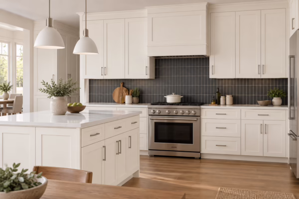 Dove white kitchen with shaker-style cabinets, center island, quartz countertops, dark tile backsplash, and hardwood flooring in soft daylight