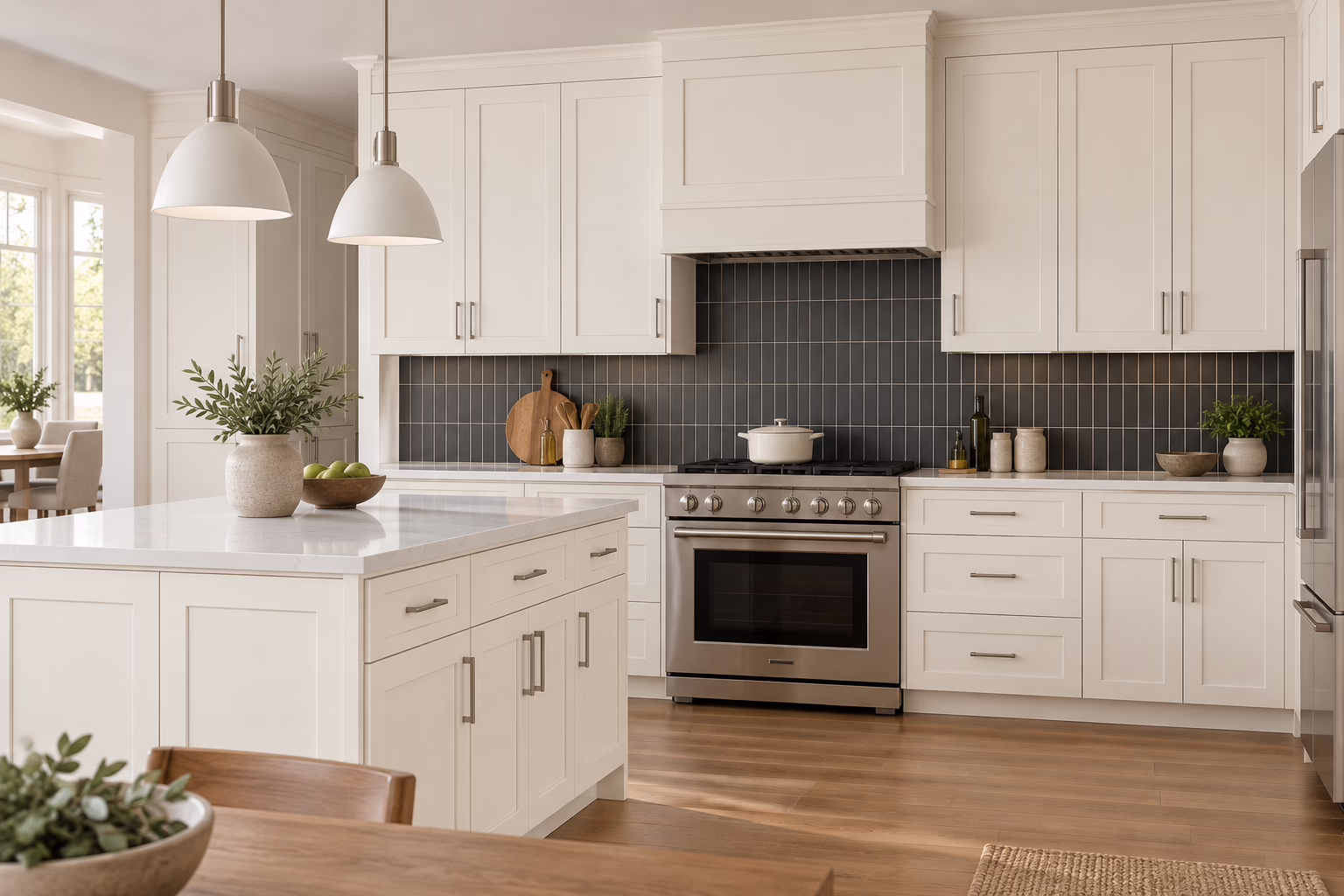 Dove white kitchen with shaker-style cabinets, center island, quartz countertops, dark tile backsplash, and hardwood flooring in soft daylight