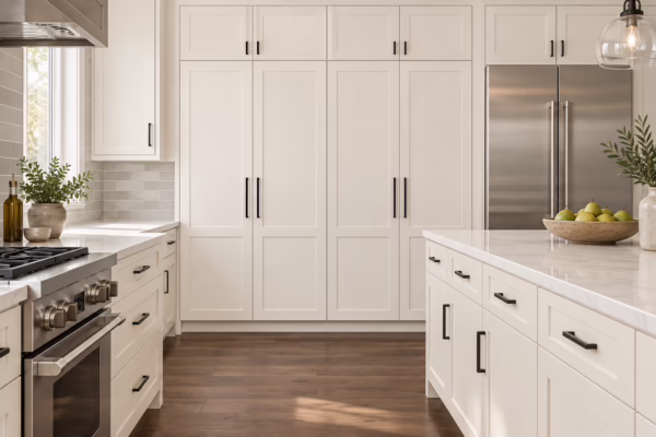 Dove white kitchen with shaker-style cabinets, center island, quartz countertops, dark hardware, and hardwood flooring in soft daylight
