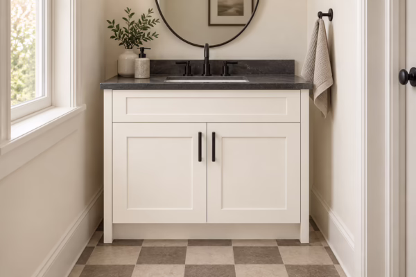Dove white single vanity with shaker-style cabinets, dark hardware, and dark stone countertop in a sunlit powder room