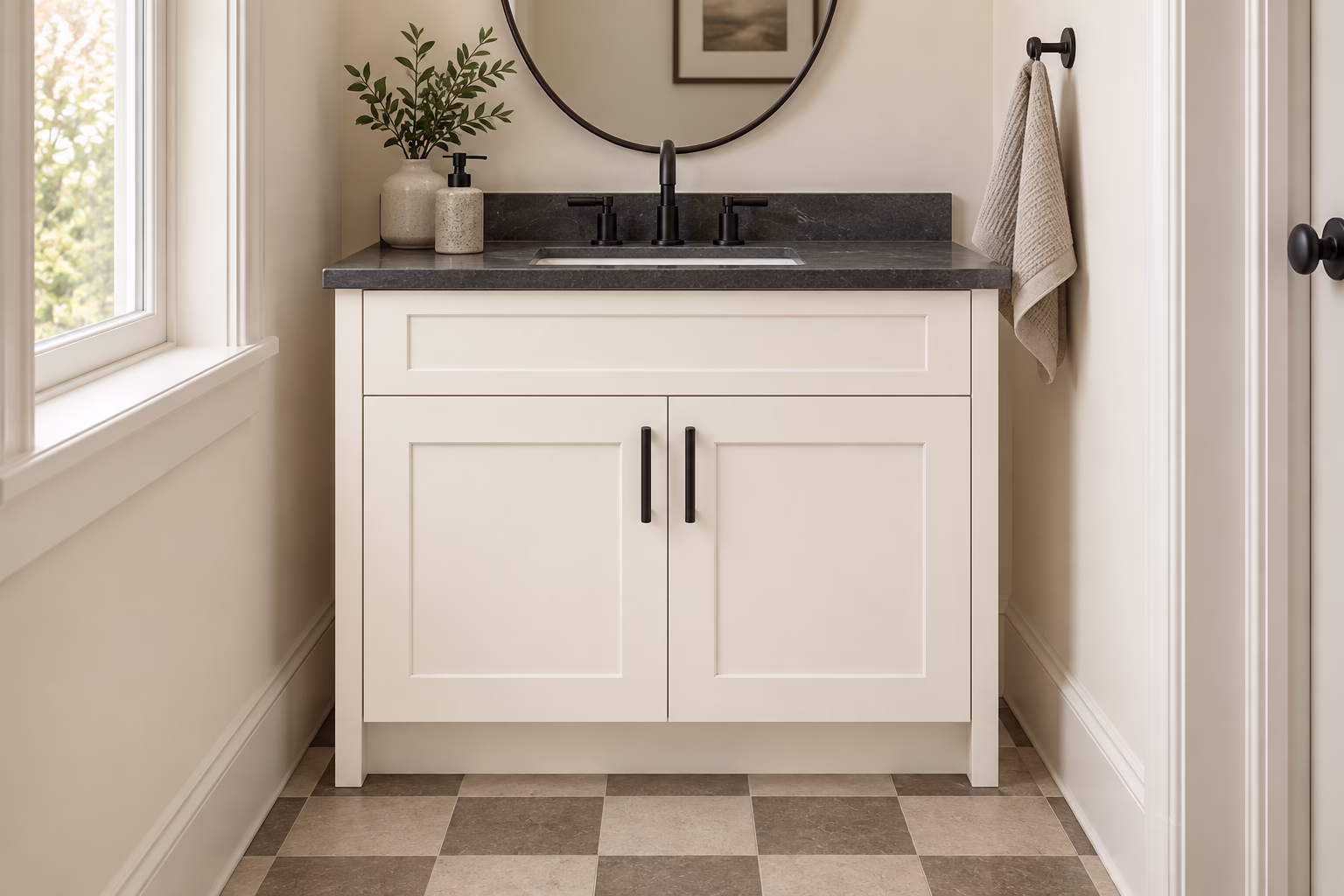 Dove white single vanity with shaker-style cabinets, dark hardware, and dark stone countertop in a sunlit powder room