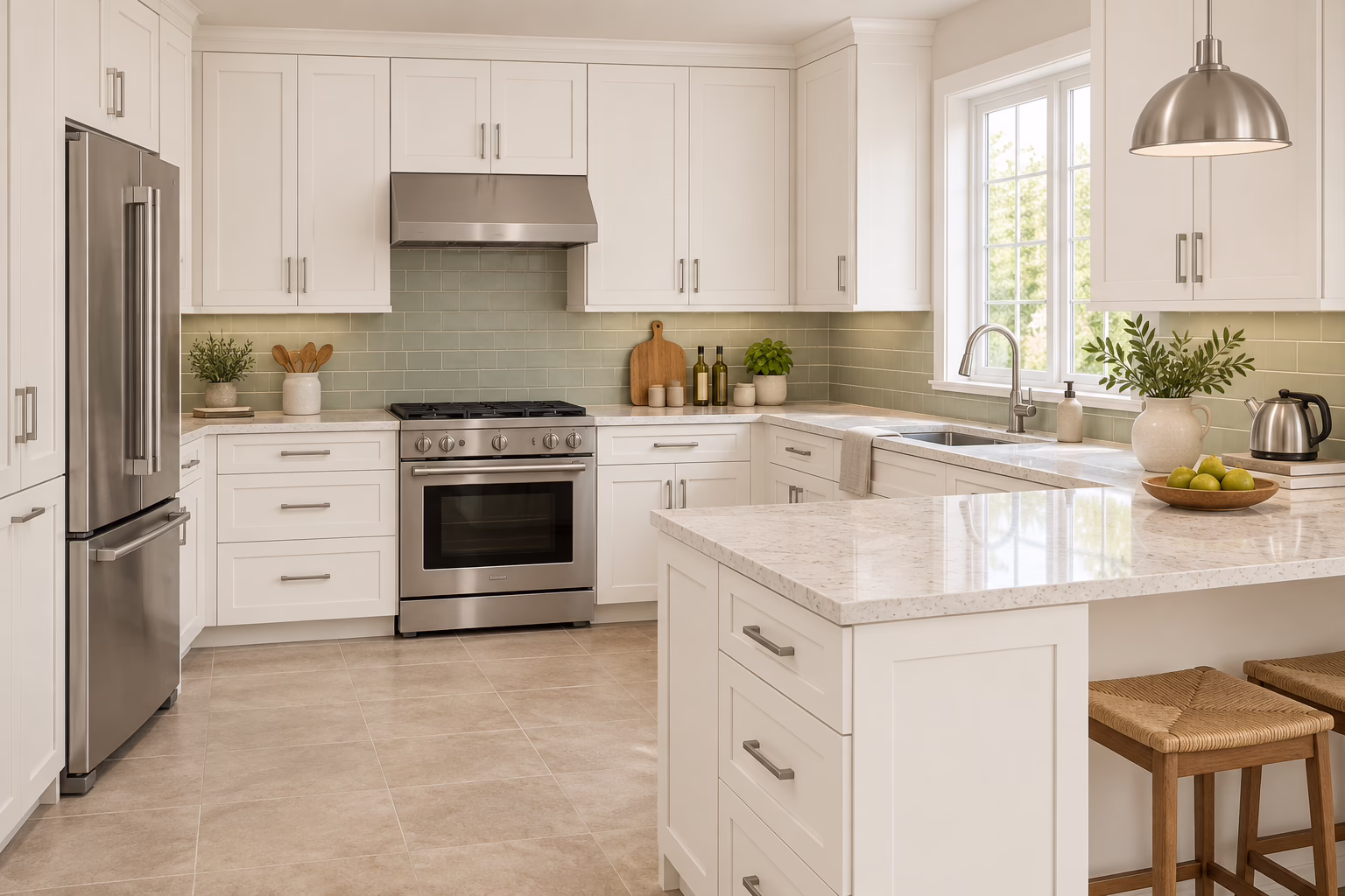 Dove white U-shaped kitchen with shaker-style cabinets, green tile backsplash, quartz countertops, and breakfast bar seating in morning light