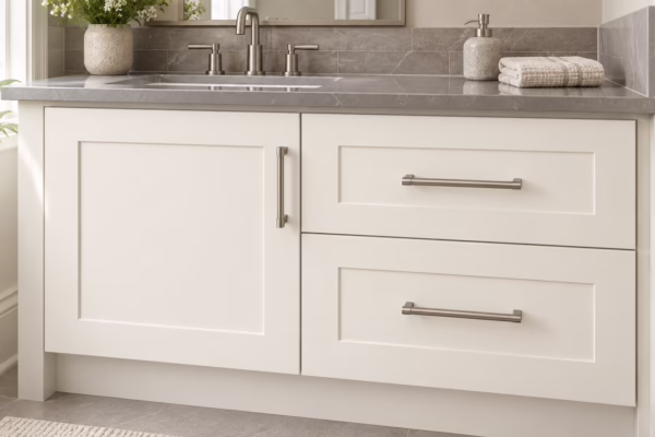 Dove white single bathroom vanity with shaker-style cabinets, satin brass hardware, quartz countertop, and tile backsplash in soft daylight