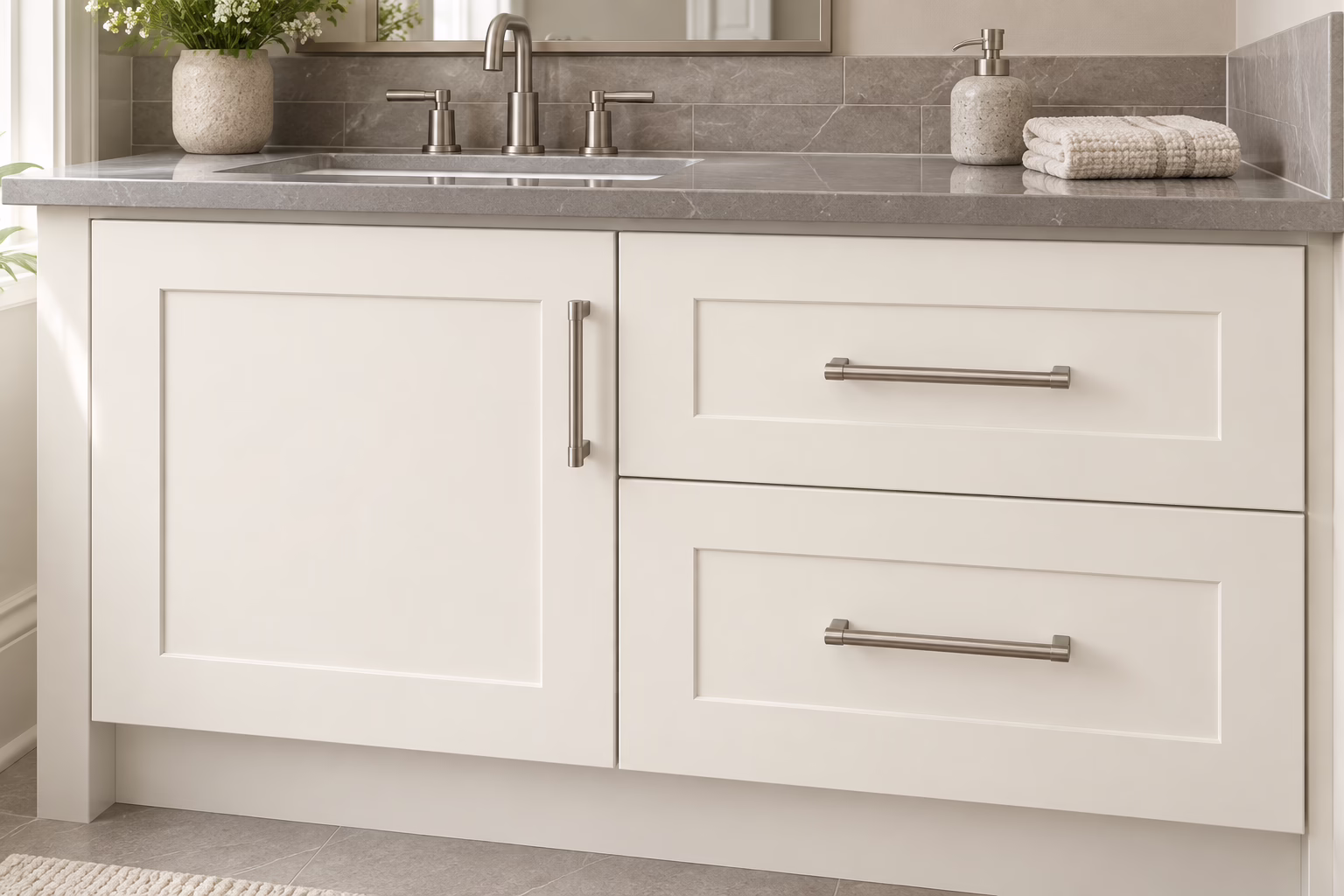 Dove white single bathroom vanity with shaker-style cabinets, satin brass hardware, quartz countertop, and tile backsplash in soft daylight