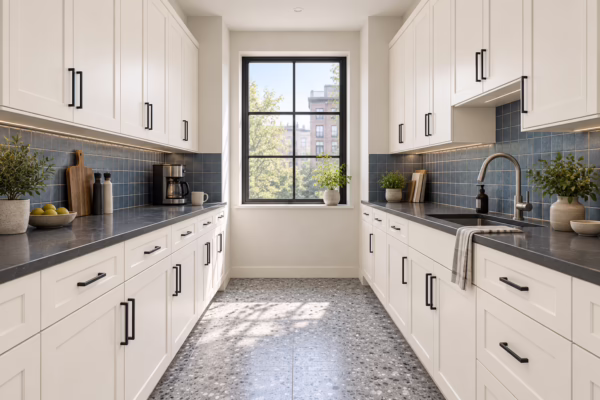 Dove white galley kitchen with shaker-style cabinets, dark hardware, dark countertops, blue tile backsplash, and patterned flooring in soft daylight