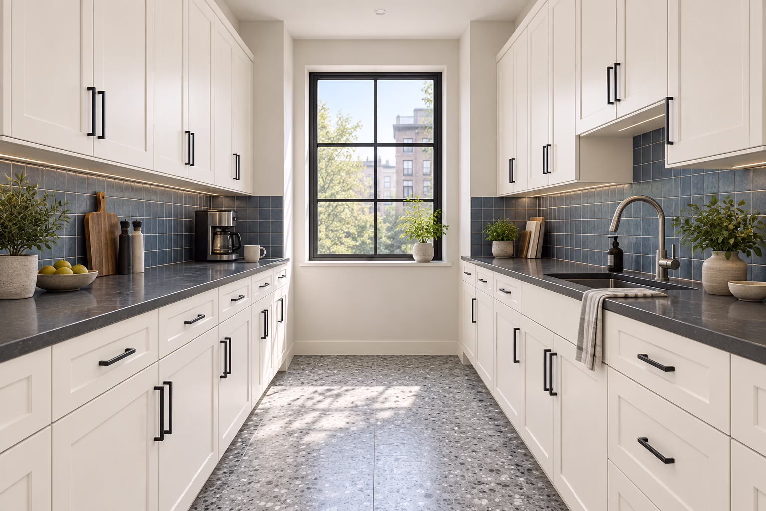 Dove white galley kitchen with shaker-style cabinets, dark hardware, dark countertops, blue tile backsplash, and patterned flooring in soft daylight
