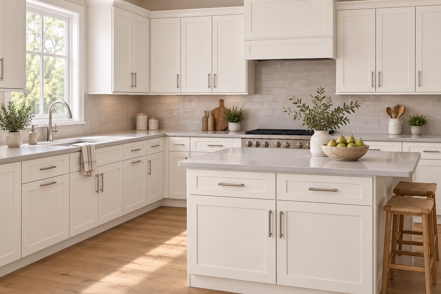 Dove white kitchen with shaker-style cabinets, center island, quartz countertops, dark hardware, and hardwood flooring in soft daylight