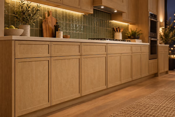 Warm oak cabinetry with green tiles
