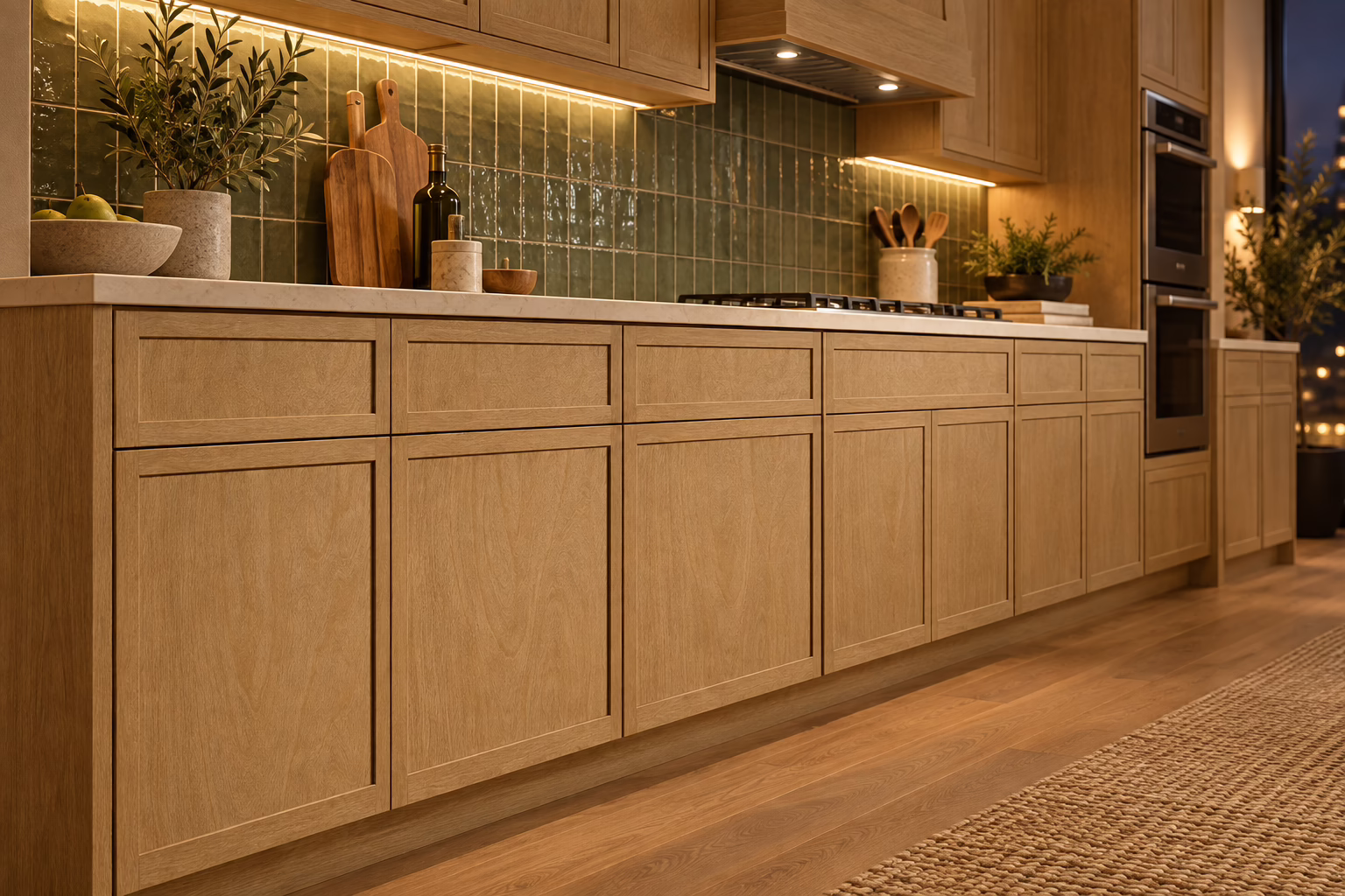 Warm oak cabinetry with green tiles