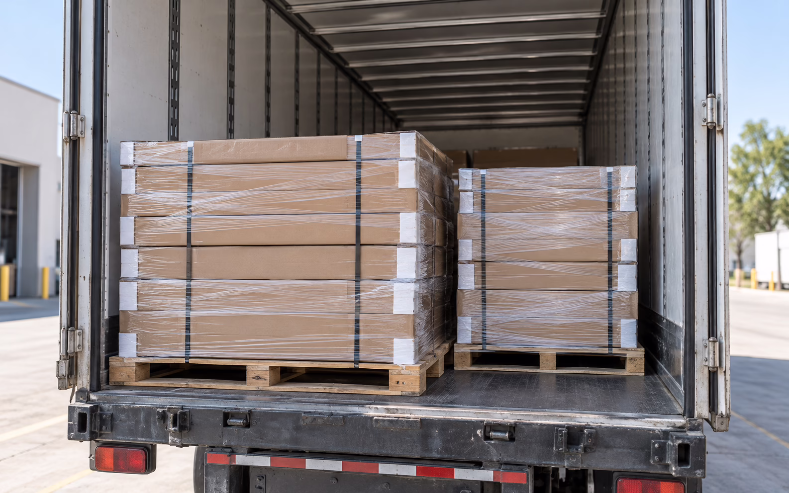 Pallets of shrink-wrapped flat-pack cabinet boxes loaded inside the back of a delivery freight truck for nationwide shipping